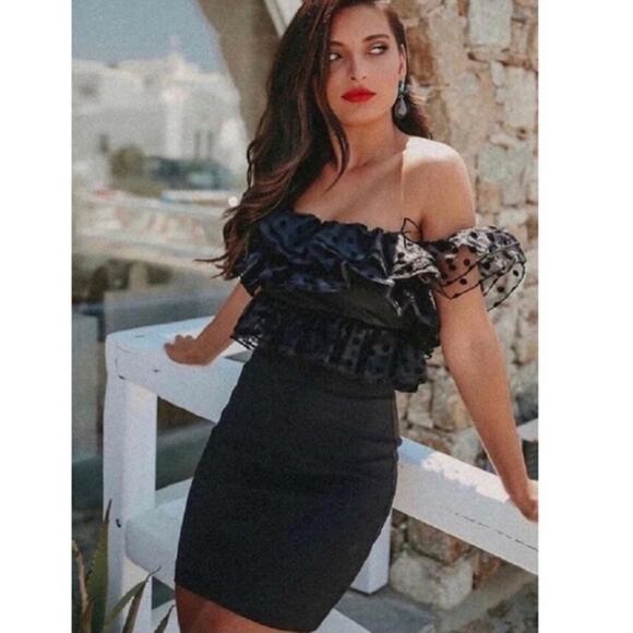 NWT Zara Black Tulle Ruffle Off Shoulder Mini Dress. - Picture 1 of 15